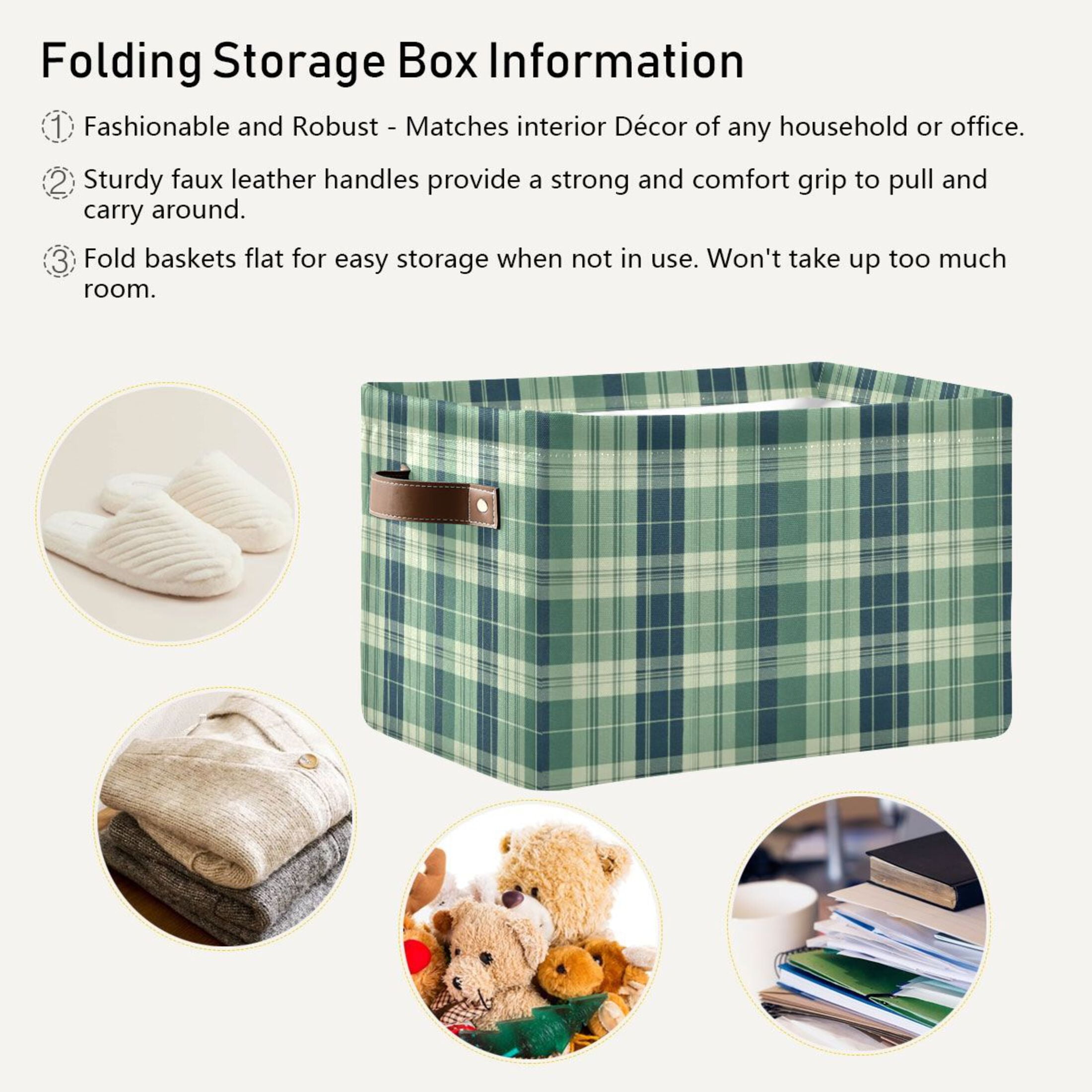 Green Tartan Pattern Foldable Storage Basket,Canvas Fabric Foldable Storage Bins with Handles Open Home Storage Bins Boxes for Toy Book Shelf Closet Baskets