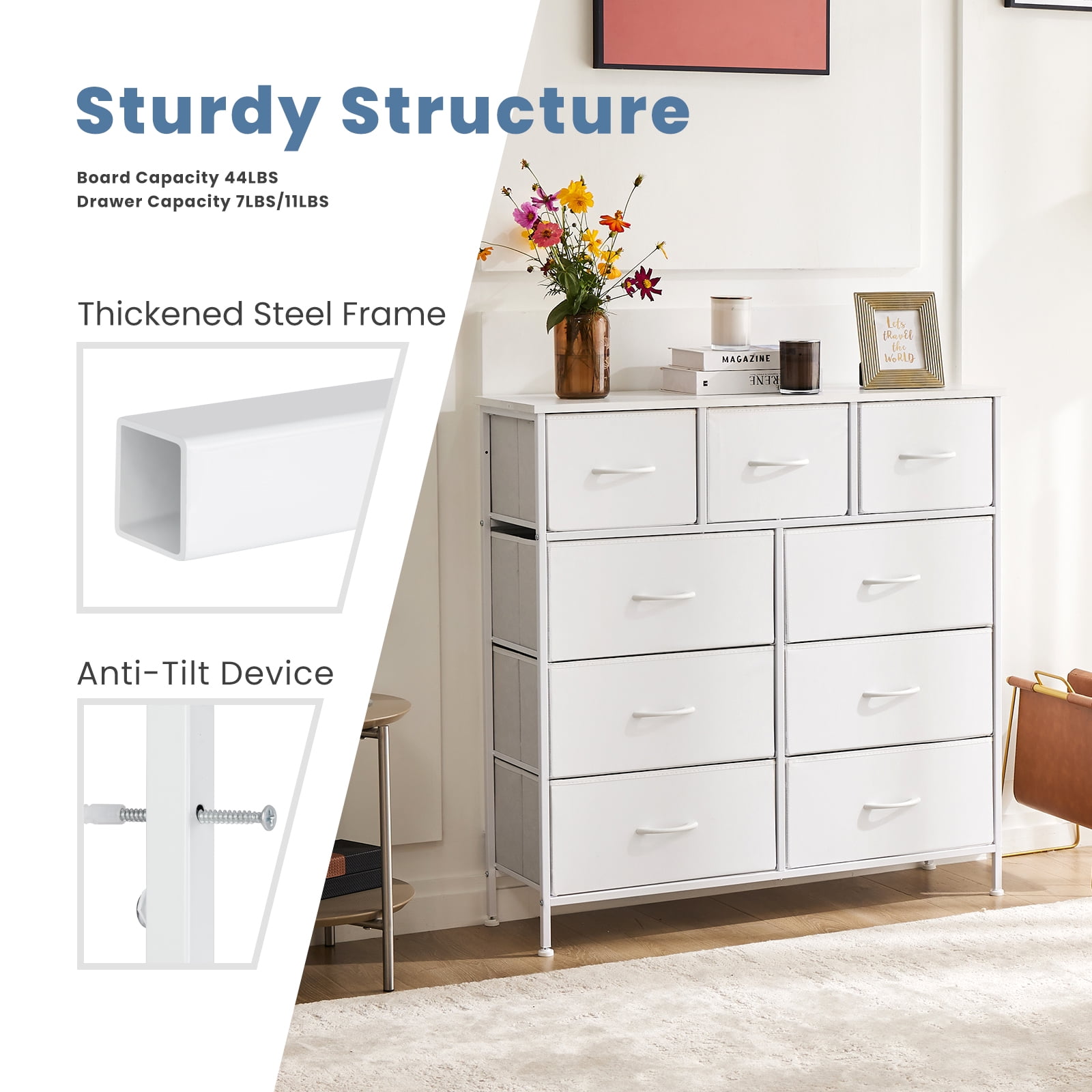 CONCETTA 9-Drawer Fabric Dresser Storage Chest for Bedroom, Closet, Storage Furniture for Adults, White