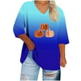 thumbnail image 2 of Tops for Women Plus Size Halloween Printed V-neck 3/4 Sleeve T-shirt Plus Loose Top,Womens Blouse Blue, 2 of 4