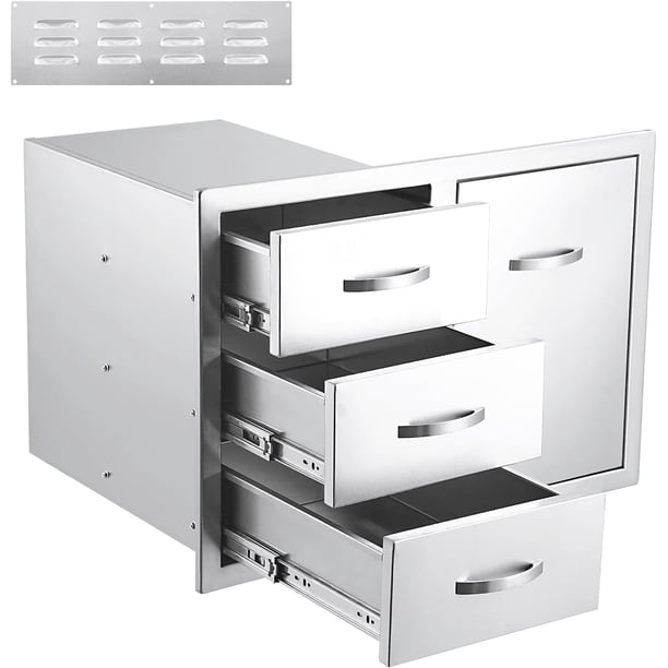 1 stainless steel gabinete con door y cajón combo: left cajón, right empty door, 33 pulgadas de anchura, 22 pulgadas deep, 22 pulgadas high, comes in a seven - ply corrugated box con vent panel