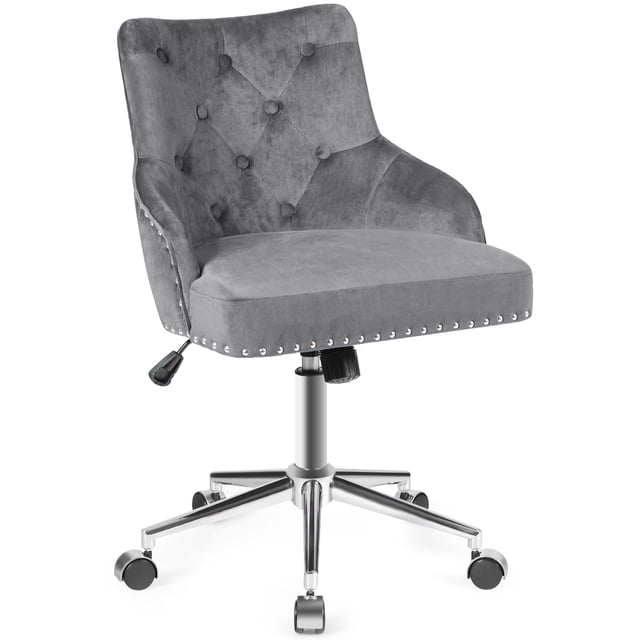 Costway Silla tapizada con tachas y ruedas para casa y oficina, sillón de terciopelo con nudos giratorio a 360°, silla regulable para salón dormitorio estudio