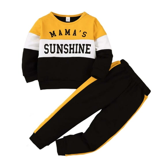 Kucnuzki 5T Little Boy Winter Outfits Pants Sets Long Sleeve MAMA'S SUNSHINE Prints Color-Blocked Sweatshirt Elastic Pants 2PCS Set Multi-color