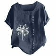 thumbnail image 3 of Outfmvch T Shirts for Women Linen Shirts for Women Floral Print Short Sleeve O-Neck Plus Size T-Shirt Top Blouse Summer Tops for Women 2023 Trendy Navy L, 3 of 4