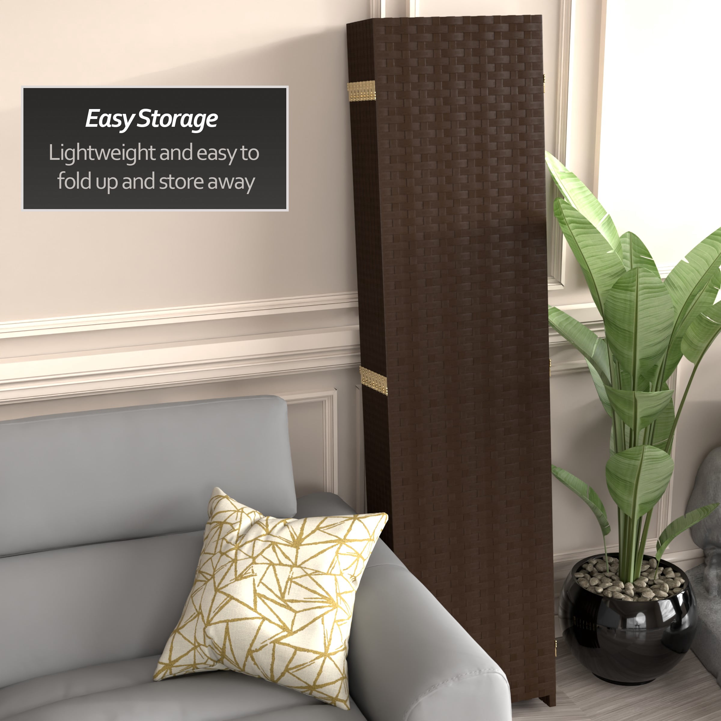 Red Lantern 6 ft. Tall Woven Fiber Folding Screen - Dark Mocha - 8 Panel