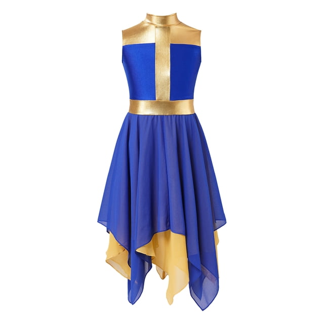iiniim Robe de Danse de Louange pour Filles Enfants Robe d'Église Jupe Asymétrique en Chiffon Robe de Culte Liturgique Tunique Bleu Royal 6