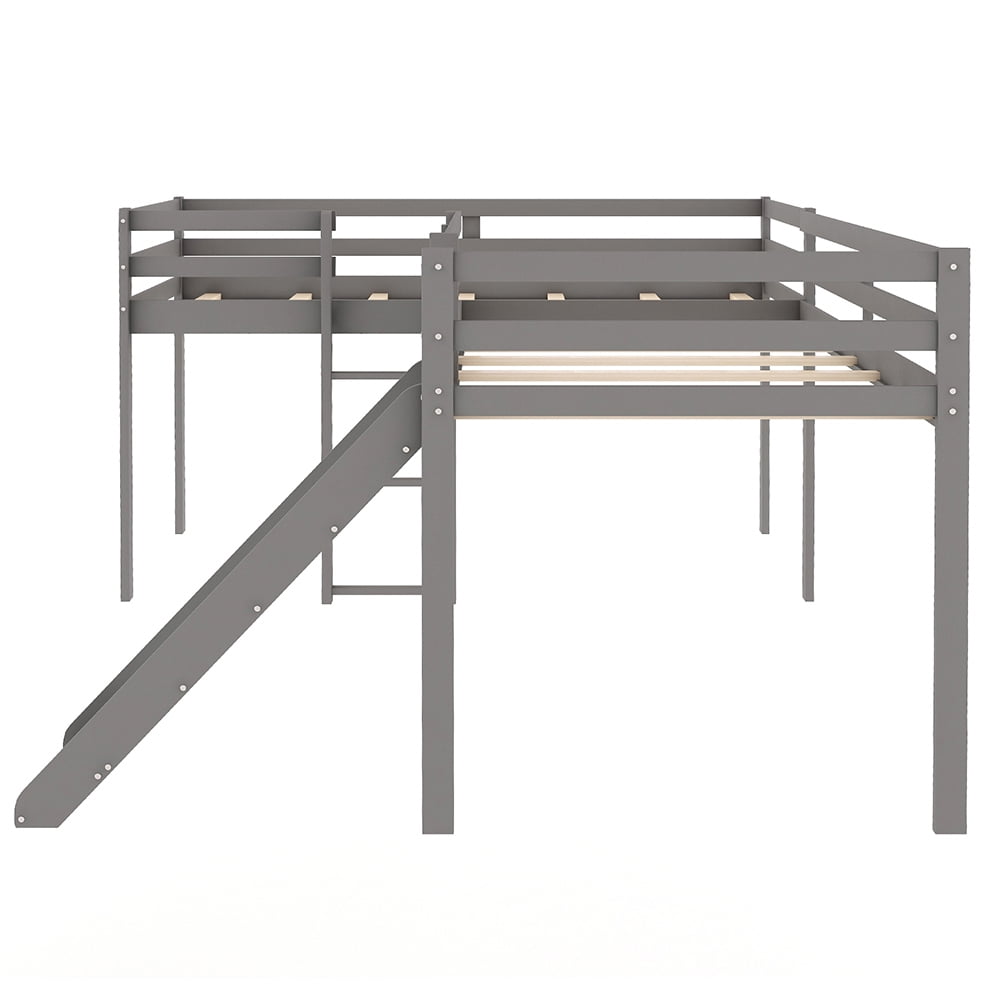 Kadyn L Shaped Loft Bed in Kid's Bedroom with Ladder and Slide, Gray Kadyn L Shaped Loft Bed in Kid's Bedroom with Ladder and Slide, Gray