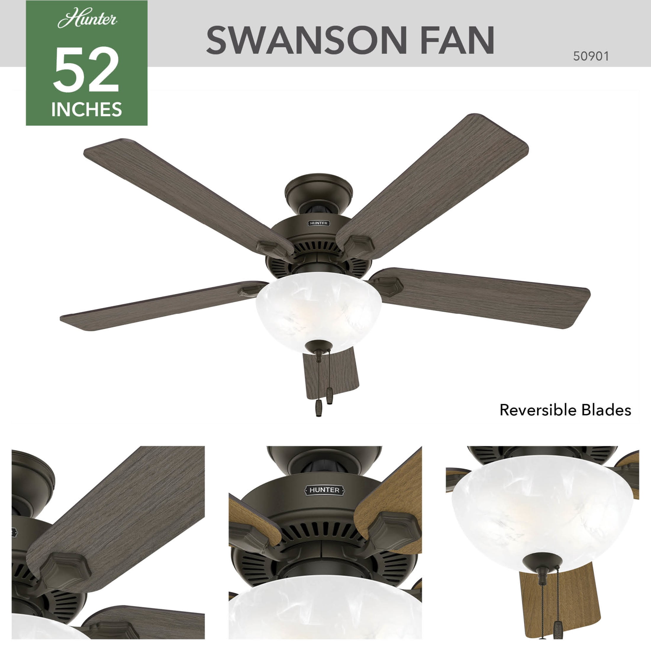 Hunter - Swanson Indoor Ceiling Fan With Light, 52-inch, New Bronze, Traditional-style, 3-speed WhisperWind Motor, 50901, for living rooms, bedrooms, home offices, kitchens