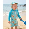 thumbnail image 3 of KIMI BEAR 6 Months Newborn Baby Boys One-piece Swimsuit 12 Months Swimwear Full Zipper UPF 50+ Sun Protection Crab Print One Piece Bathing Suit Rash Guard and Hat Beachwear Sunsuit Blue, 3 of 10