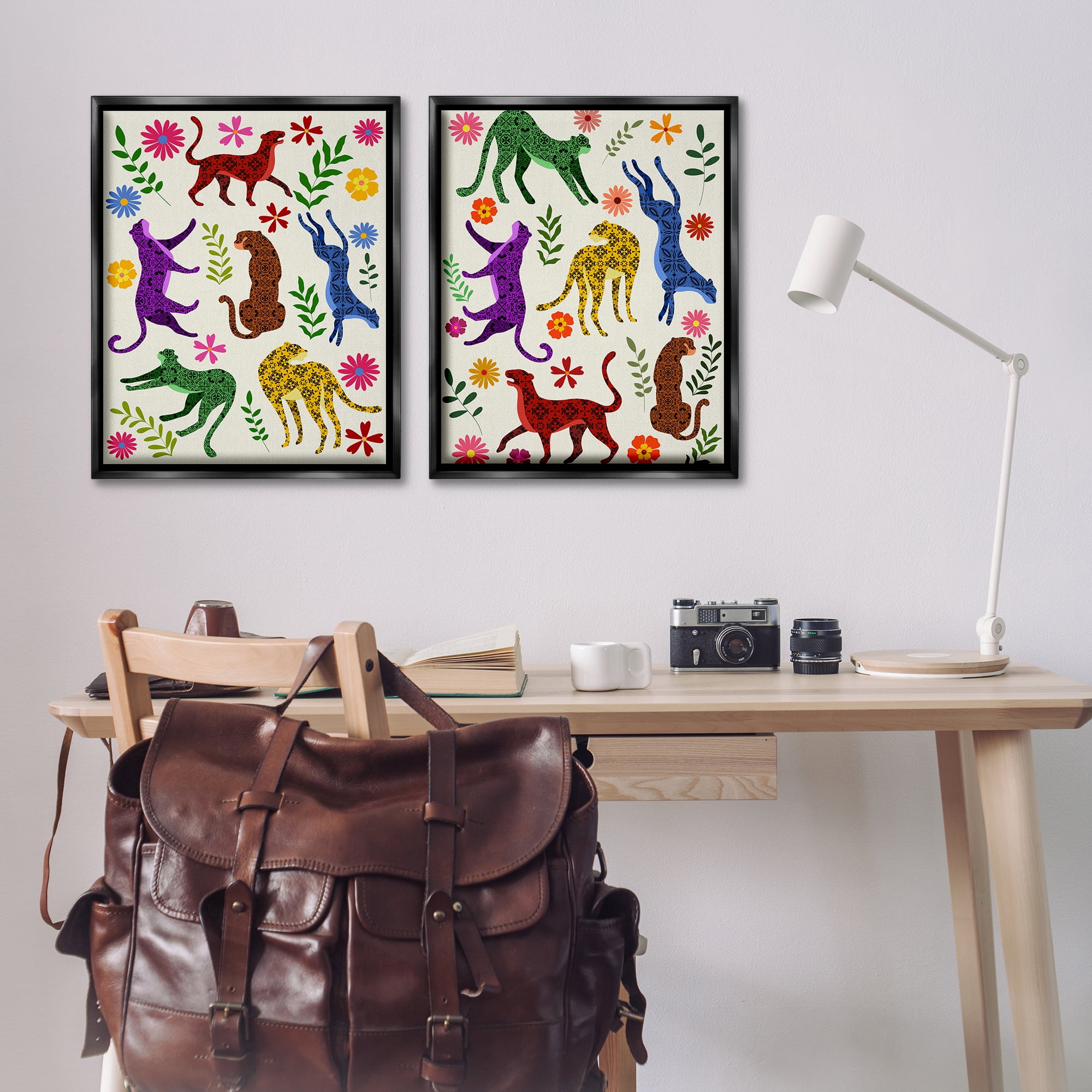 Stupell Industries Patterned Floral Jungle Cats Animals Painting Black Floater Framed Canvas Art Print Wall Art, 31 x 25, Set of 2