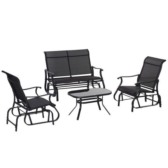 Outsunny 4 Pieces Gliders Set, Outdoor Furniture Sets with 2-Person Patio Bench, Glass Coffee Table, Metal, Black