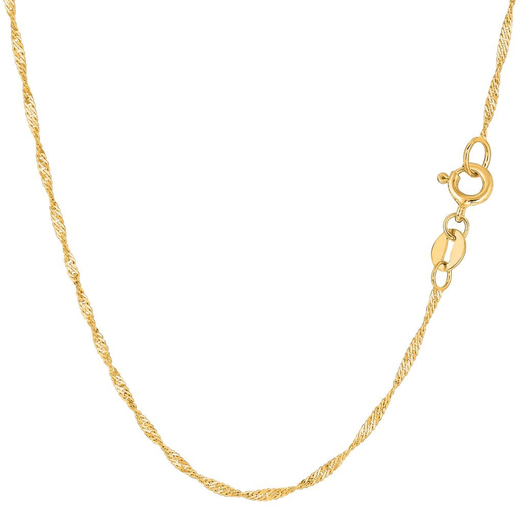 10K Yellow or White Gold 1.5mm Shiny Diamond-Cut Classic Singapore Chain Necklace for Pendants and Charms with Spring-Ring Clasp Womens Jewelry (7 " 9" 10" 16" 18" 20" or 24" inch)