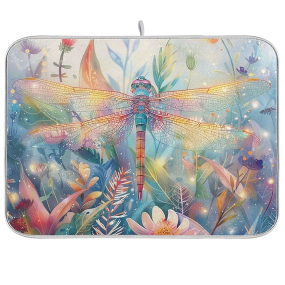 Dragonfly Flowers Plants Dish Drying Mat Dish Drainer Rack Mats Water Absorbent Non-Slip Easy Clean Heat Resistant for Kitchen Counter