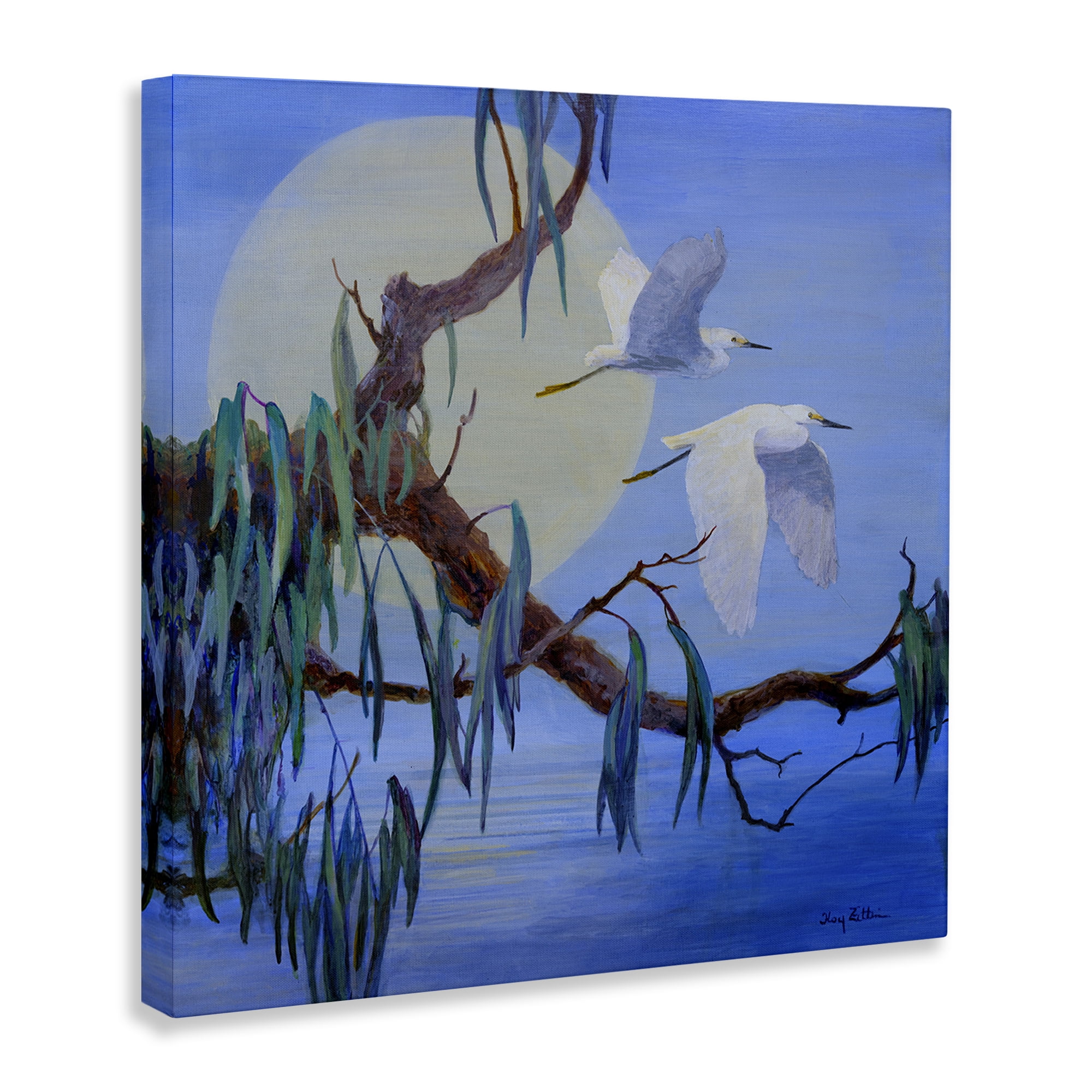 Stupell Industries Shining Moon & Birds Birds Painting Wrapped Canvas Art Print Wall Art, 17 x 17
