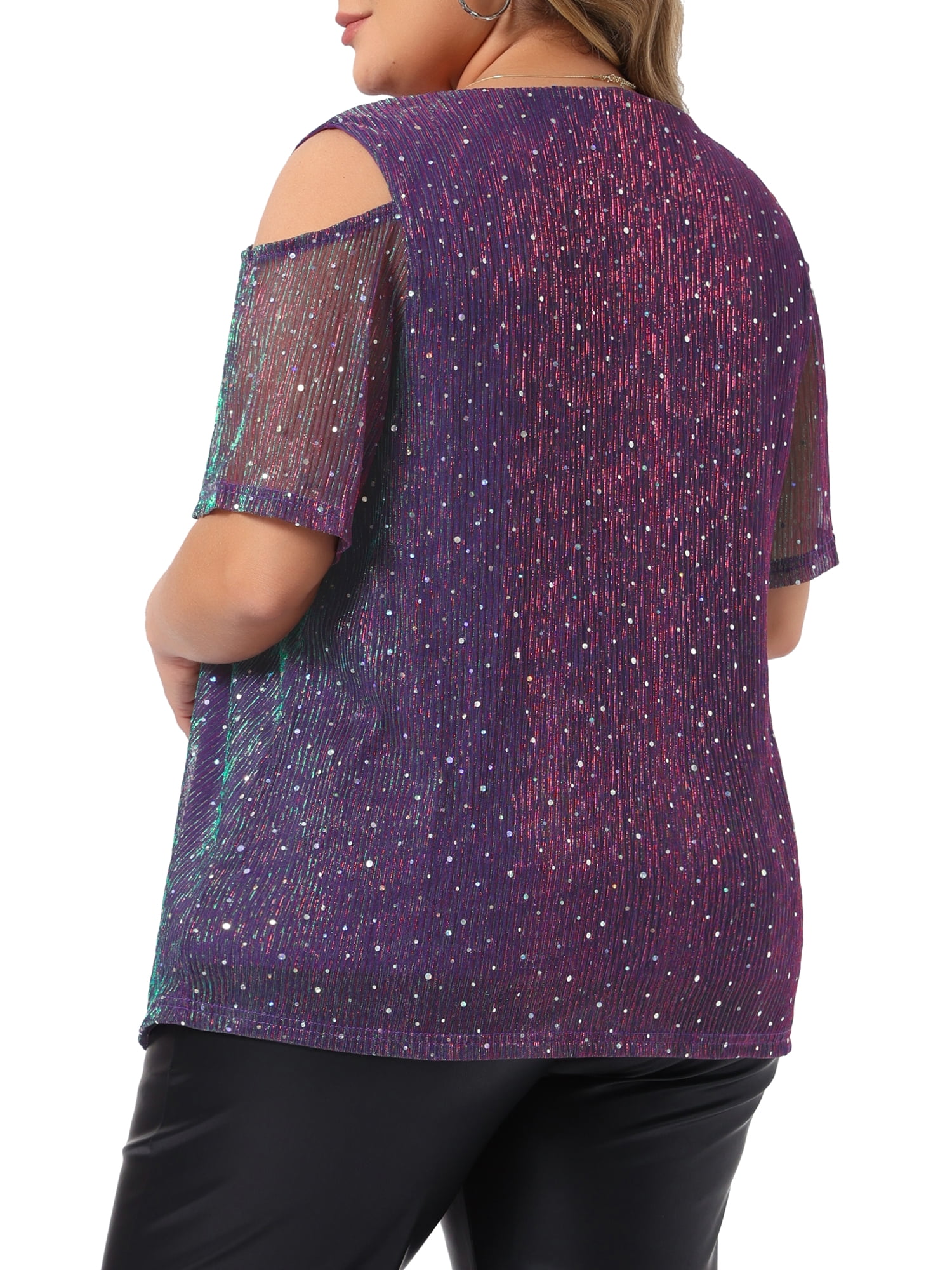 DARING DIVA Women's Plus Glitter Sequin Cold Shoulder  Party Blouse 2X Blue Purple