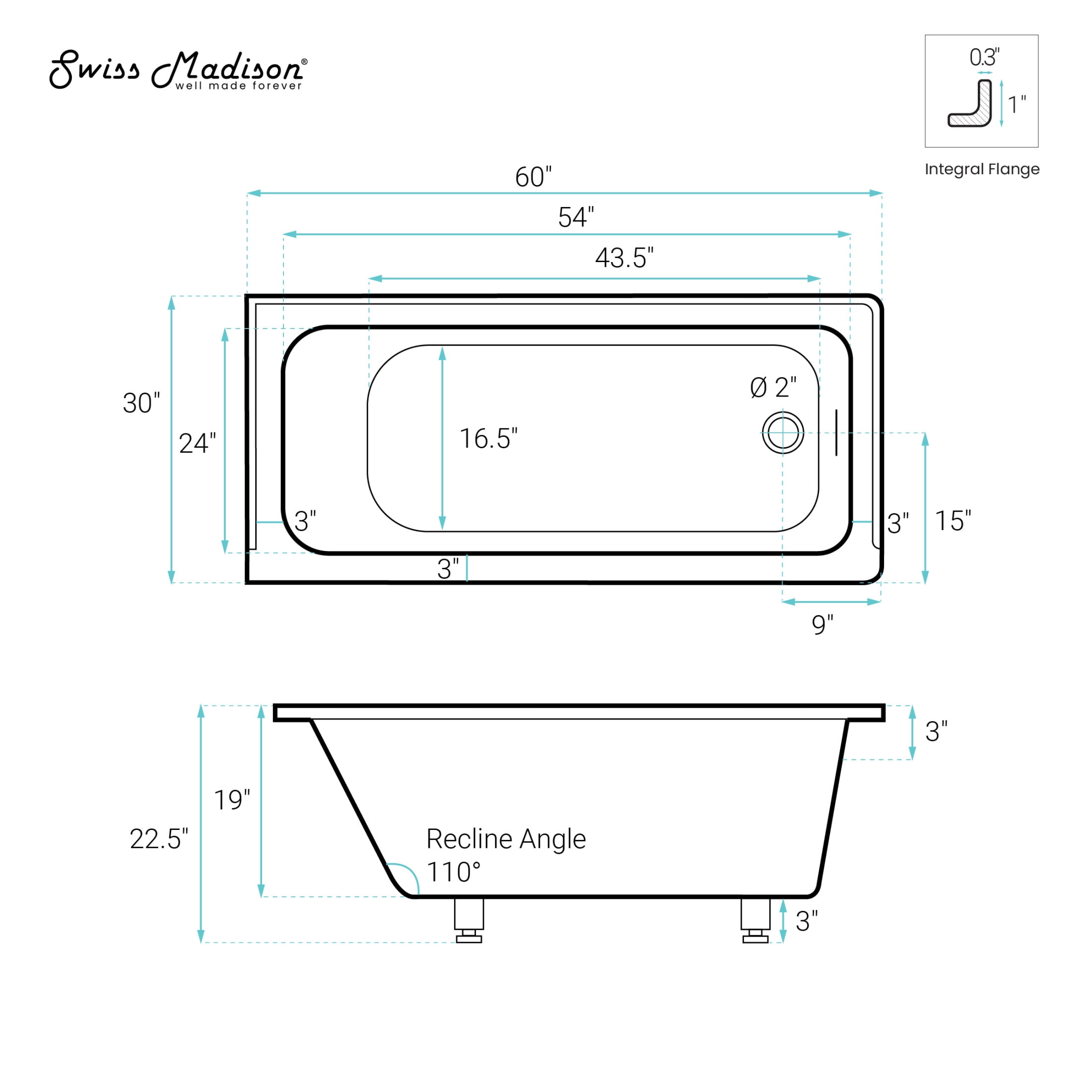 Voltaire 60 x 30 Right Drain Soaking Alcove Bathtub in Glossy White with Integrated Overflow, Drain Included