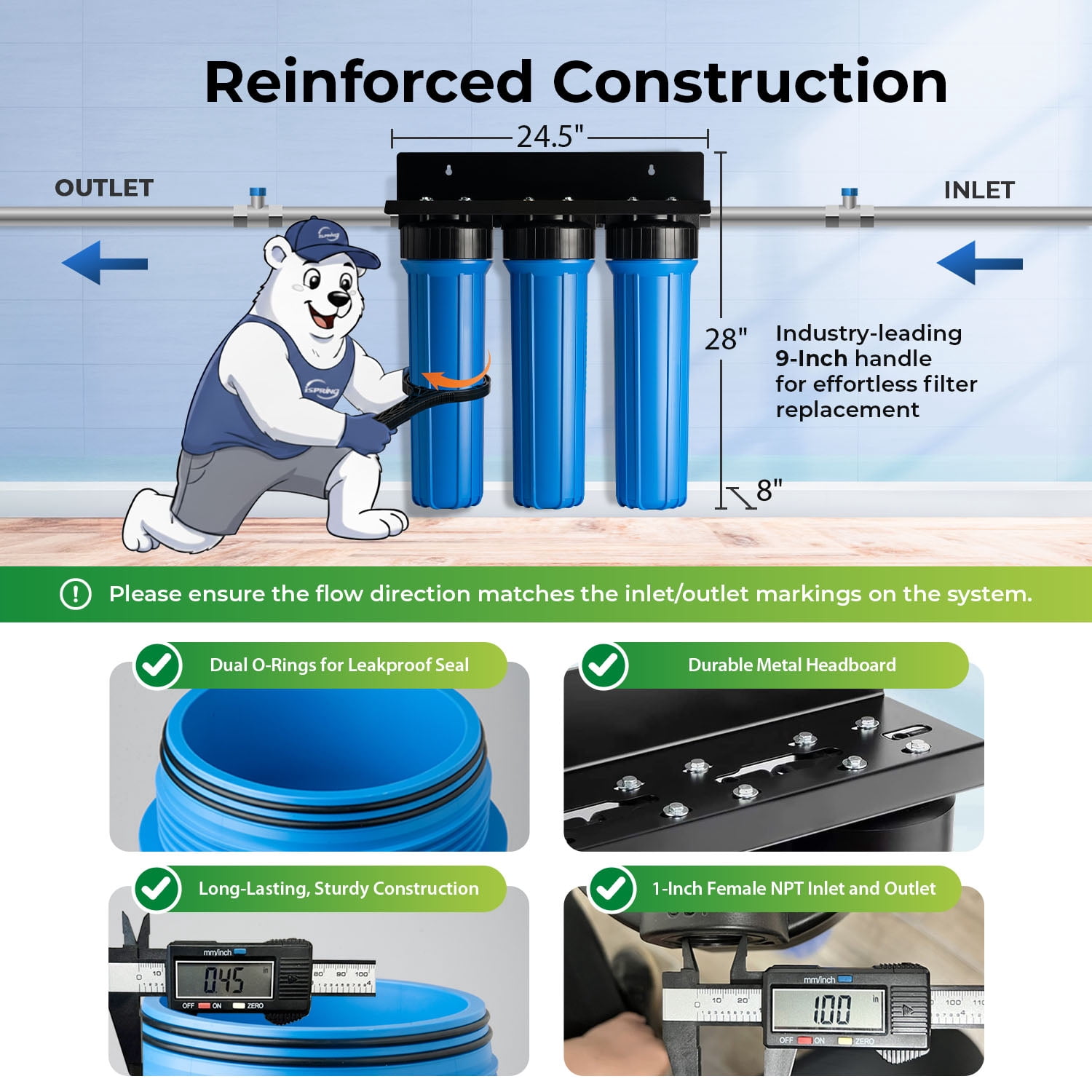 iSpring WGB32B-KSNC Whole House Filter System: SGS-Tested, removes 94.4% Chloramine. 3-Stage filtration for Lead, Metals & VOCs. 20”x4.5” filters with 1” Inlet/Outlet for high flow.