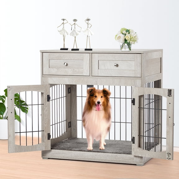EastVita Dog Crate Furniture with Drawers, Wooden Dog Kennel Furniture for Large Breed,End Table Wood Dog House for Indoor Use,Dog Crate
