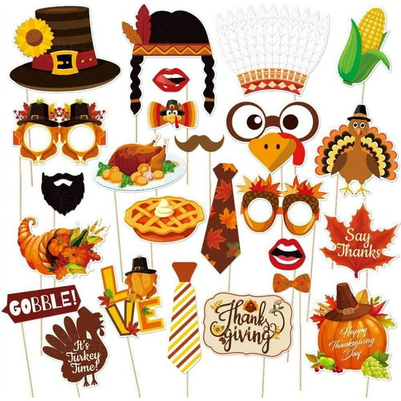 25 Pcs Thanksgiving Day Photo Booth Props Funny Turkey Selfie Photobooth Props，Creative Photography Festival Party Decoration Supplies for Happy Thanksgiving Party Favors DIY