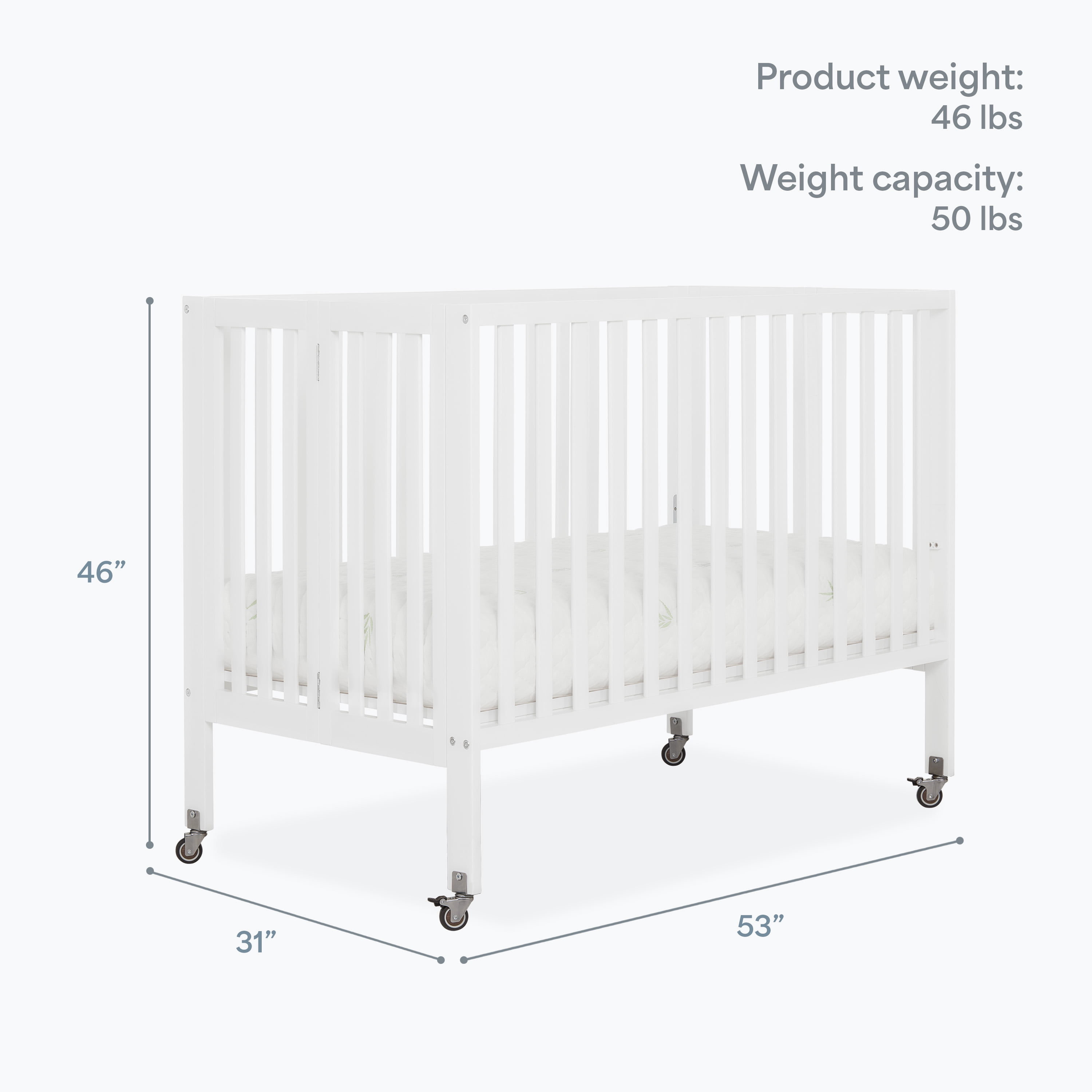 Dream On Me Quinn Full-Size Folding Crib, Removable Wheels, Modern Nursey, Adjustable Mattress Support, Patent Folding System in White