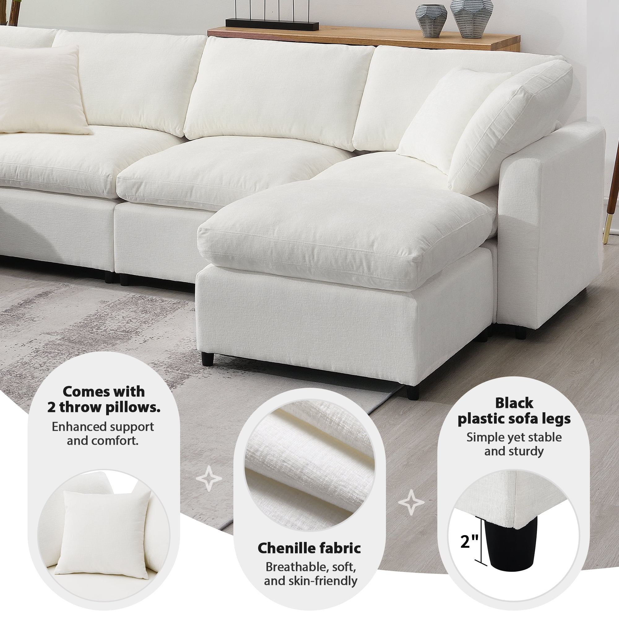 MAYEERTY 130x65" Modern Modular Cloud Sofa Bed - 6-Seat Chenille U-Shaped Sleeper with Ottoman, Free Combination for Living Room/Apartment, 3 Colors