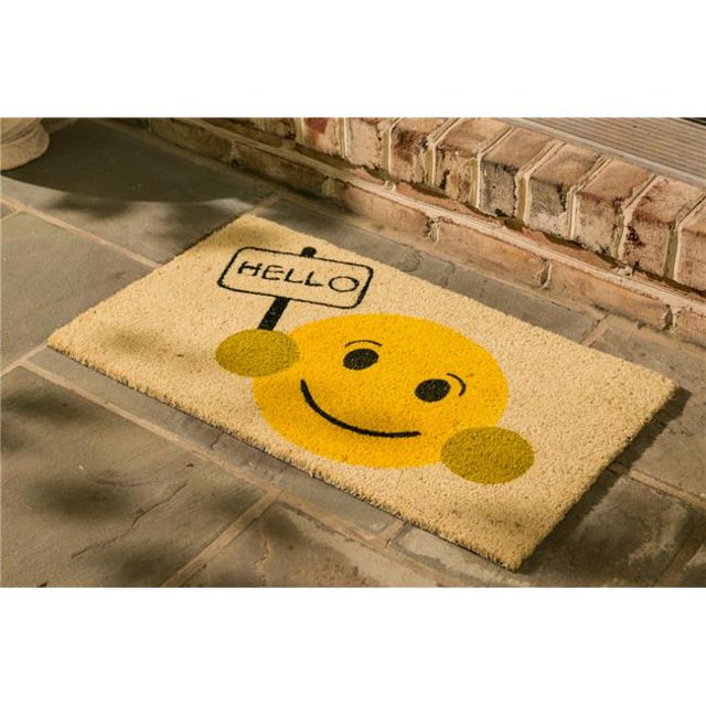 Dynamic Rugs AS232968707 18 x 30 in. Aspen Hello Smiley Face Door Mat - Ivory & Yellow