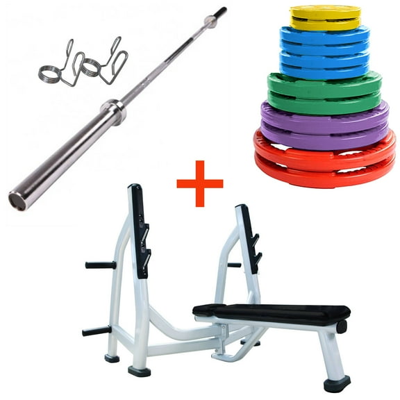 French Fitness Colored Rubber Grip Weight Plate Set w/7 ft Olympic Bar 305 lbs   Bench (New)