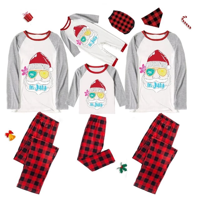 Pijamas familiares navideños a juego, conjuntos de pijamas a cuadros blancos y negros, Santa, gafas de sol, Navidad en julio