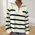 thumbnail image 2 of Arlun Womens Quarter Zip Striped Sweaters Casual V Neck Long Sleeve Knit Collared Pullovers Loose Fit Comfy 2025 Winter Fall Fashion Sweater Tops White One Size, 2 of 4