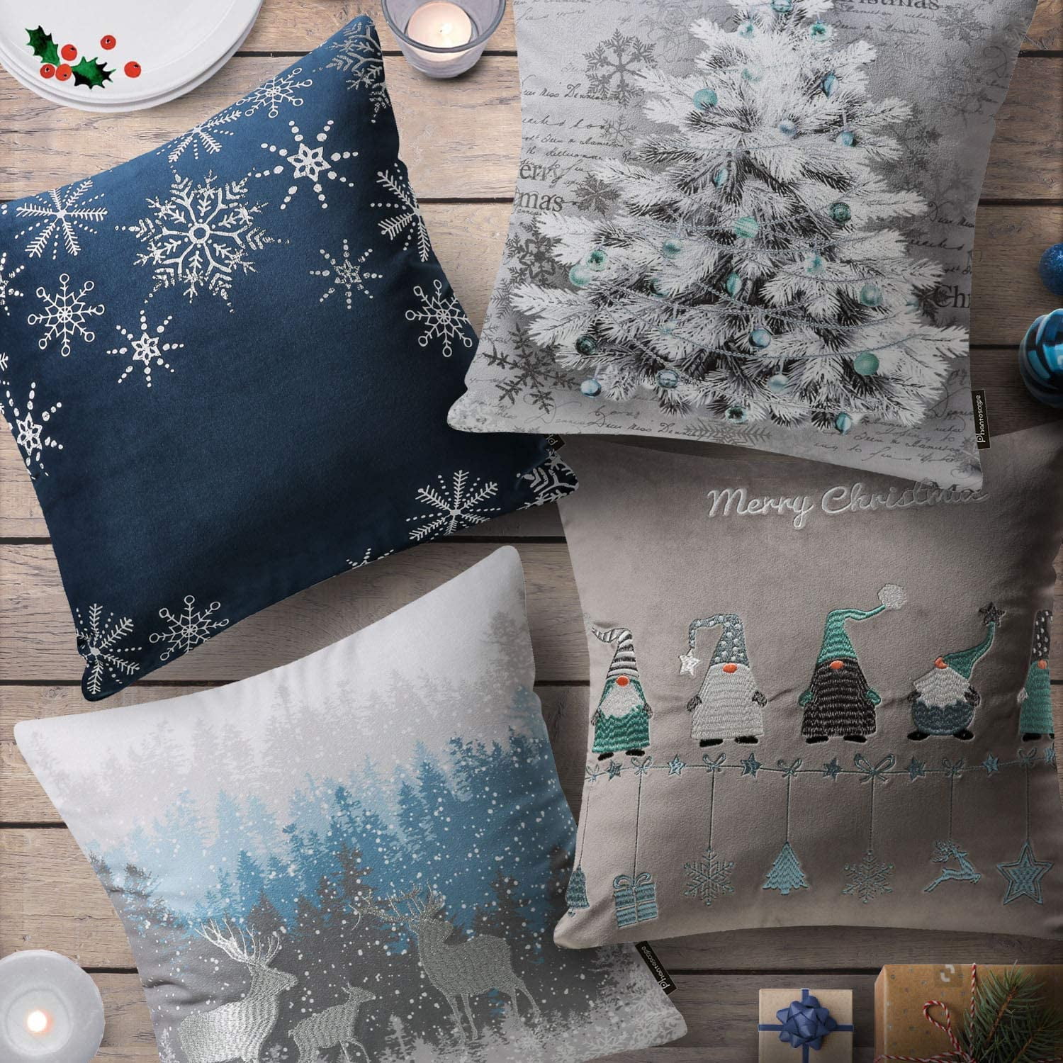 Phantoscope Merry Christmas Velvet Embroidered Decorative Throw Pillow, Blue and Gray, 18" x 18",Set of 4