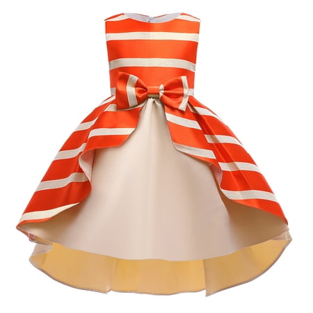 

MIKRDOO Princess Dress For 3T Toddler Girls Stripe Bow Sleeveless Round Neck Dress Princess One Piece Party Dress 3-4 Years Orange