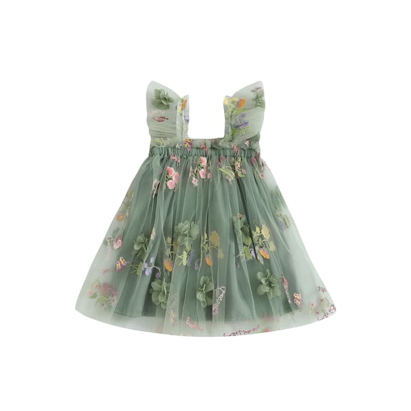 BemeyourBBs Toddler Baby Girls Fairy Baptism Dress Sleeveless Ruffle Sleeve 3d Floral Embroidery Summer Dress Cute Tulle Tutu Dress Birthday Wedding Party Princess Dress