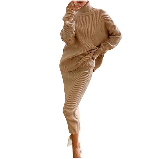 Chandails à Col Roulé pour Femmes Manches Longues Femmes Décontracté Tricot Uni Amincissant Enveloppe de Hanche Chandails à Col Roulé Jupe Ensemble Chandails pour Femmes Décontracté Femmes Col Roulé Manches Longues