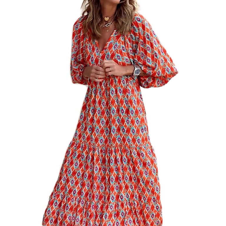 JNGSA Women's Boho Maxi Dresses Casual Ruffle Long Sleeve V-Neck Flowy Long Beach Dress Plus Size Loose Dress Red