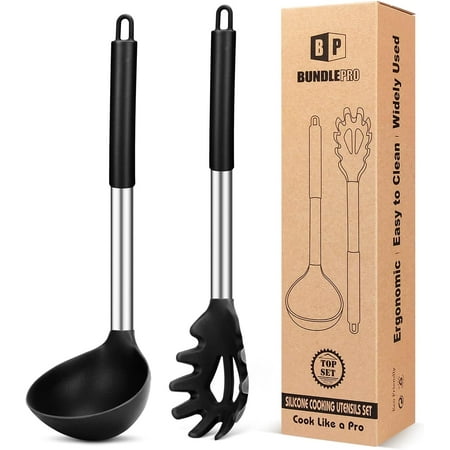 

Silicone Pasta Fork and Ladle Spoon Set Large Non Stick Kitchen Utensils for Cooking Stirring Serving Spaghetti Soup Sauce (GRAY)