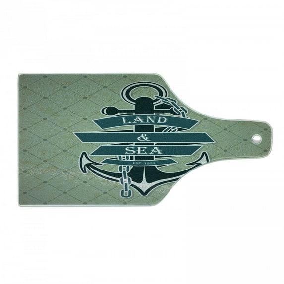 Anchor Cutting Board, Nautical Themed with Land and Sea Text on Rhomb Check, Decorative Tempered Glass Cutting and Serving Board, in 3 Sizes, by Ambesonne