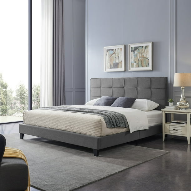 Salome Contemporary Upholstered King Bed Platform, Charcoal Gray and