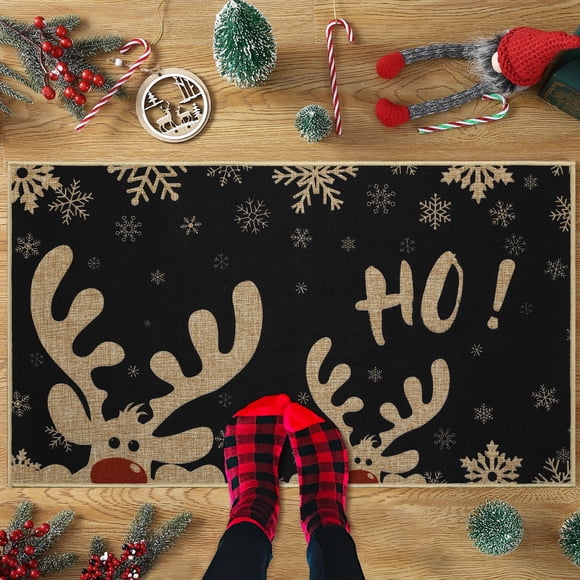 Felpudo navideño antideslizante - Alfombra de entrada decorativa con ciervo y copos de nieve - Lavable, respaldo de goma, perfecta para dormitorio, salón o cocina