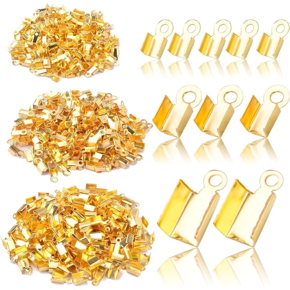 600pcs 3 Sizes Gold Plated Fold Over Cord Ends Metal Fold-Over Crimp End Caps Leather Ribbon Ending Terminators Clamp End Tips Jewelry Connector for Jewelry Making Accessories