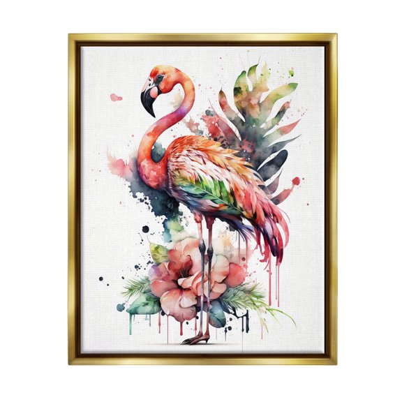 Stupell Industries Modern Splash Flamingo Animals & Insects Painting Gold Floater Framed Canvas Art Print Wall Art, 25 x 31