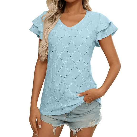 ZyeKqe Tops for Women Dressy Casual Double Layered Ruffle Short Sleeve Work Shirts V Neck Eyelet Business Top