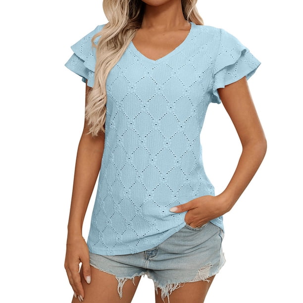 Camiseta de Manga Corta de Verano para las Mujeres de Moda de Color Sólido con Cuello en V, Top Casual de Poliéster, Lavado de Manos