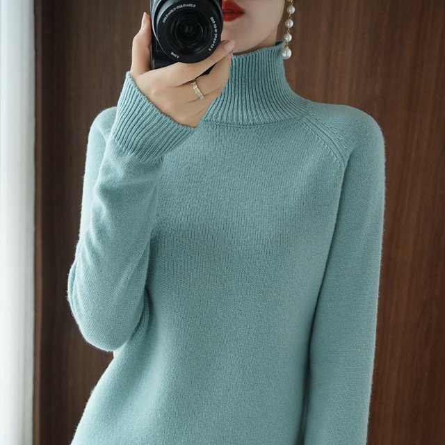 Suéter básico de cuello alto de lana merino, suéter de cachemira informal, cómodo, otoño e invierno, ropa de mujer con mangas raglán