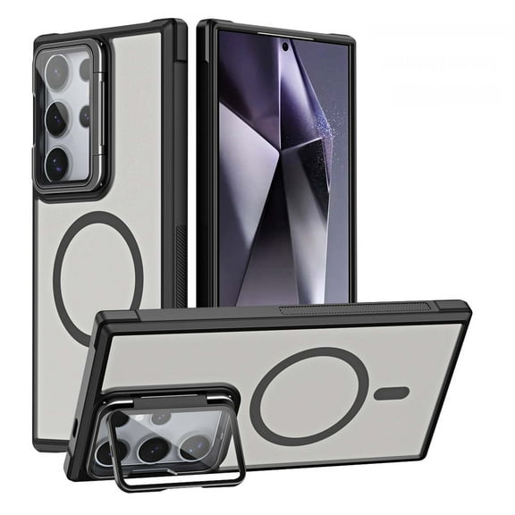 Magnetic for Samsung Galaxy S24 Ultra Case with Camera Cover Stand [Compatible with MagSafe] [Military-Grade Protection] Translucent Matte Slim Shockproof Phone Case Wireless Charging,Black