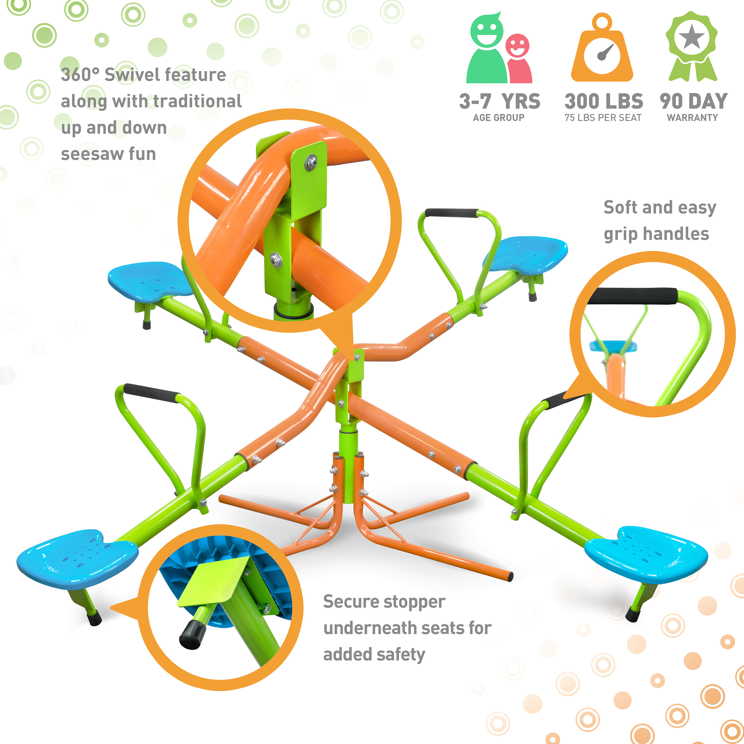 Outdoor Playground Four Seats 360 Degree Rotating Seesaw for Kids, Sturdy Steel & Plastic Seat Teeter Totter in Blue & Green, Suitable for Kids Age 3+ Indoor Outdoor Use