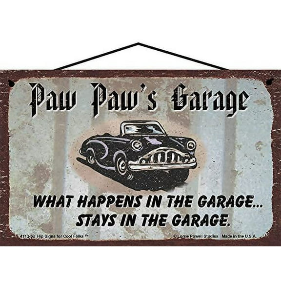 5x8 Paw Paw's Garage Sign with Classic Car What Happens in the Garage Stays in the Garage - Vintage Style Grandpa Home Décor, Father's Day Gift for Automotive Enthusiast Grandfathers