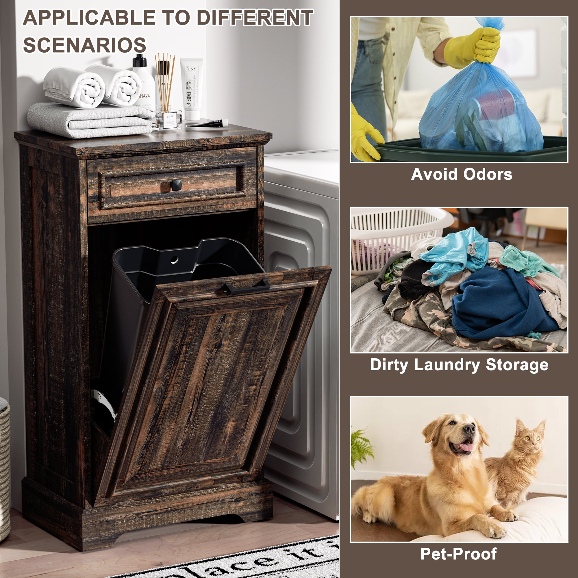 HARIPUL 13 Gallon Tilt Out Trash Cabinet for Kitchen, Single Kitchen Trash Can Cabinet with Drawers, Dark Brown