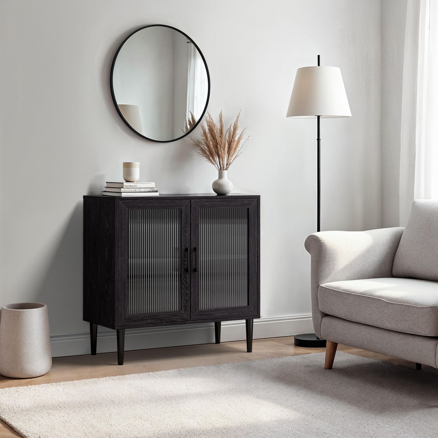 CorLiving Ethan Engineered Wood Compact Sideboard with 2 Glass Fluted Doors and 2 Shelves, Dark Grey