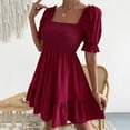 thumbnail image 4 of Odeerbi Elegant Evening Dresses for Women Solid Spring And Summer Short Sleeve Belt Waist Ruffle Sleeve Square Neck Dress Burgundy, 4 of 6
