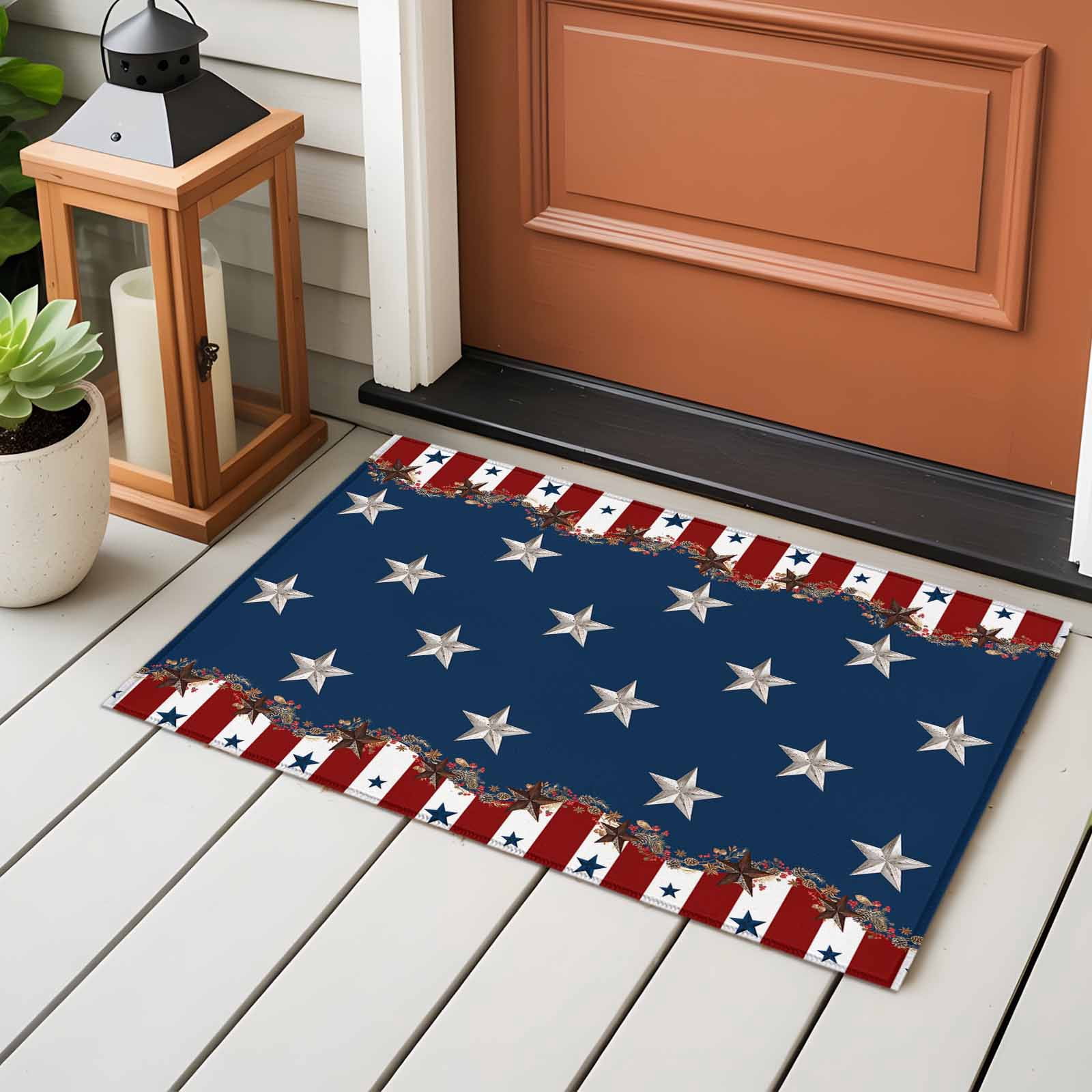 2x3 Ft Entryway Area Rug, Country Star Farm Kitchen Rug Runner Washable Floor Mat, Red Blue Patriots Stripe American Flag Non Slip Indoor Door Mat Throw Carpet for Bathroom Living Room Bedroom