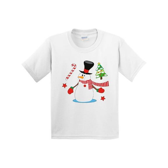 Inktastic Top Hat Snowman with Christmas Tree and Candy Cane Youth T-Shirt